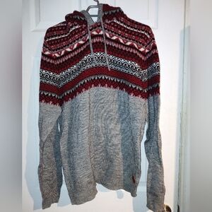 Men's Gray and Red Patterned Knit Sweater Hoodie